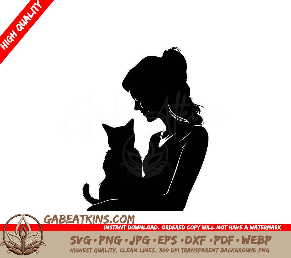 A Black And White Silhouette Of A Woman Holding A Cat SVG - Cheerful Feline Friends SVG