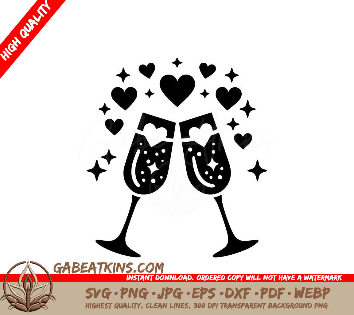 Two Glasses Of Champagne With Hearts And Stars Around Them SVG - Cheers Celebration SVG