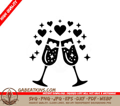 Two Glasses Of Champagne With Hearts And Stars Around Them SVG - Cheers Celebration SVG