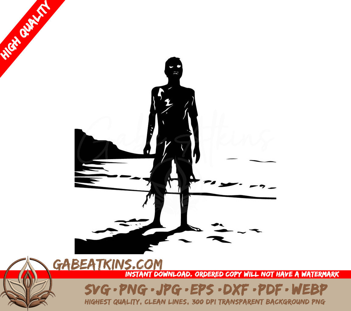 A Black And White Drawing Of A Zombie Standing On A Beach