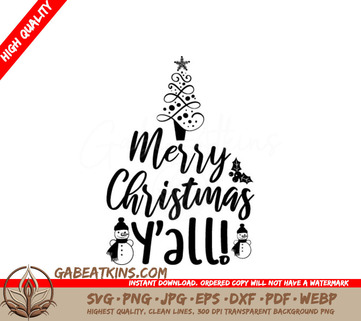 Merry Christmas Yall SVG - Christmas Tree & Snowmen SVG