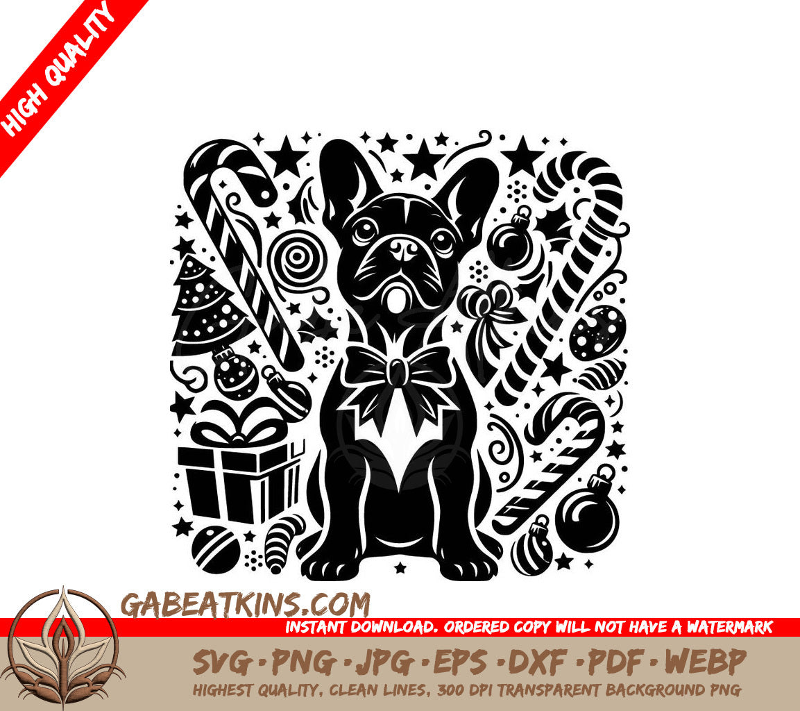 A Black And White Illustration Of A French Bulldog Surrounded By Christmas Decorations SVG - Christmas Bulldog Wonder SVG