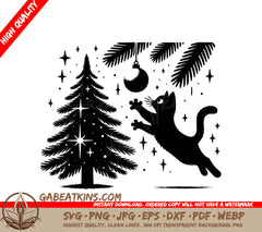 A Black Cat Is Playing With A Christmas Ornament On A Christmas Tree SVG - Christmas Cat Leap SVG