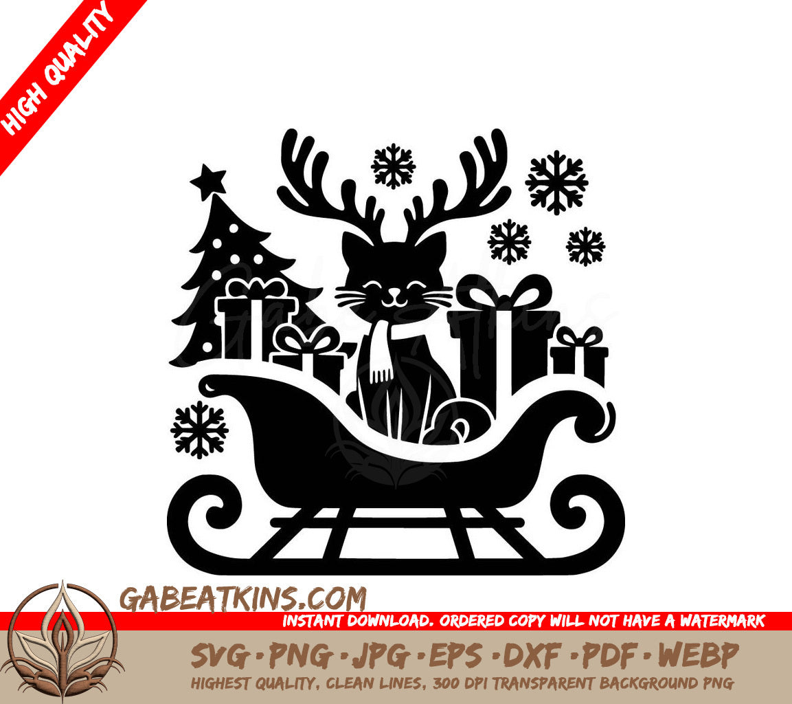 A Cat With Antlers Is Sitting In A Sleigh With Gifts And A Christmas Tree SVG - Christmas Cat Sleigh SVG