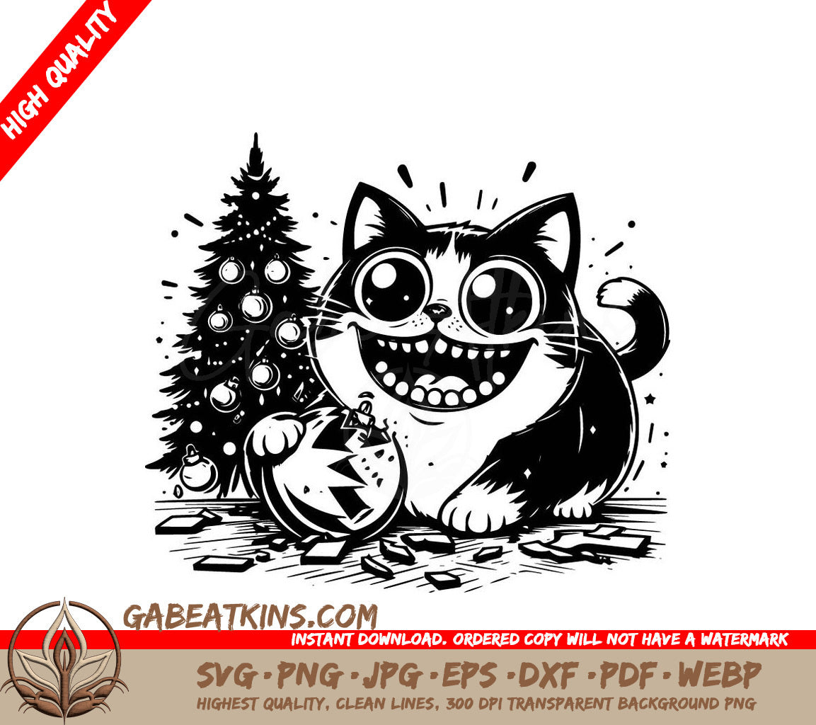  A Cat Holding A Christmas Ornament In Front Of A Christmas Tree SVG - Christmas Catastrophe SVG