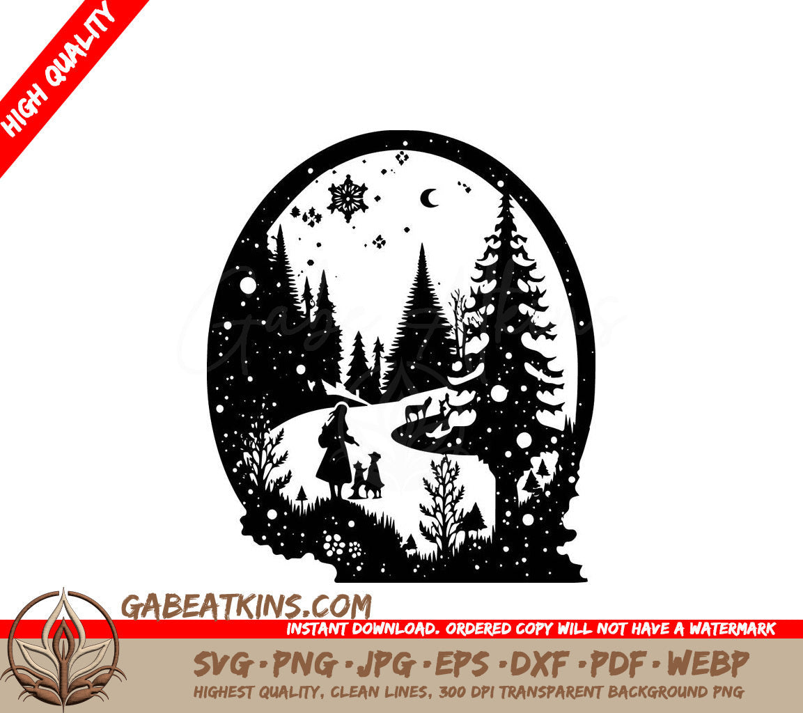  A Woman And Two Dogs In A Snowy Forest SVG - Christmas Eve SVG