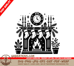 A Black And White Illustration Of A Fireplace Decorated For Christmas SVG - Christmas Hearth Magic SVG