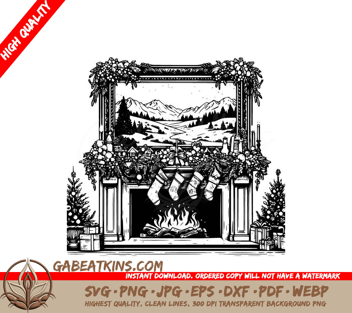  A Fireplace Decorated For Christmas SVG - Christmas Hearth Scene SVG