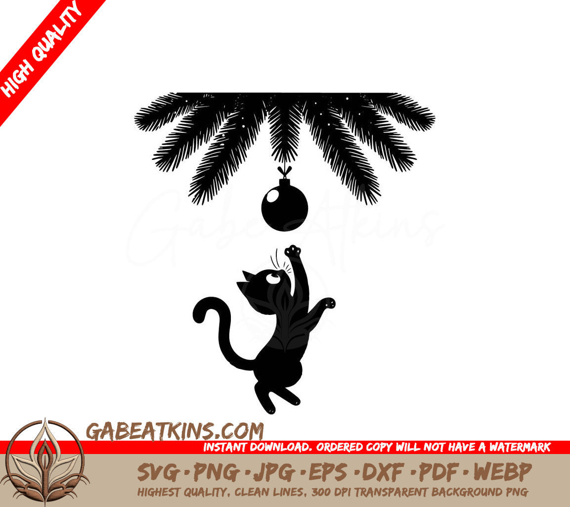 A Black Cat Is Playing With A Christmas Ornament Hanging From A Christmas Tree SVG - Christmas Kitty Antics SVG