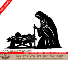  Jesus Standing Next To A Baby In A Manger SVG - Christmas Manger SVG