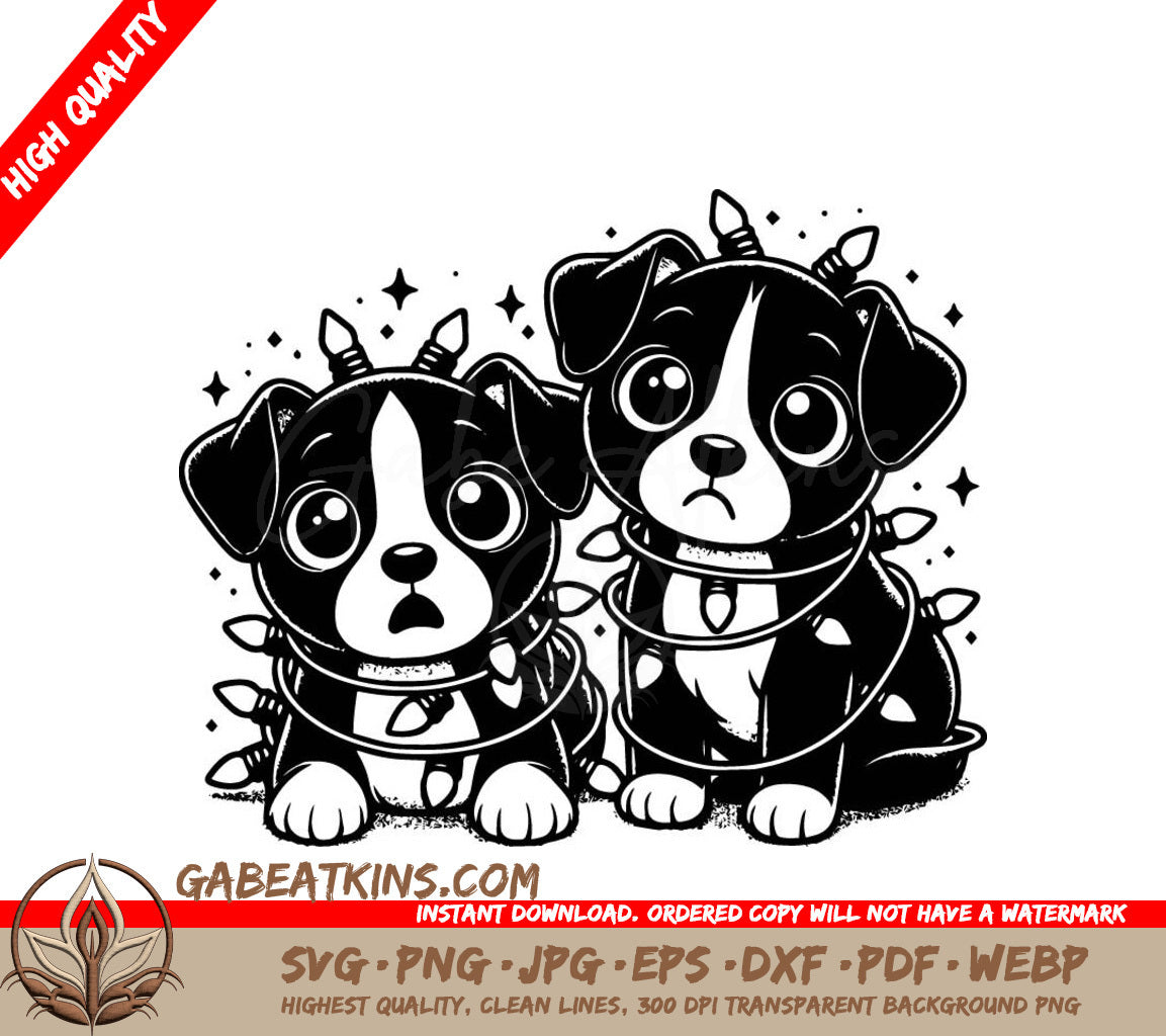  Two Puppies Wrapped In Christmas Lights SVG - Christmas Puppies SVG