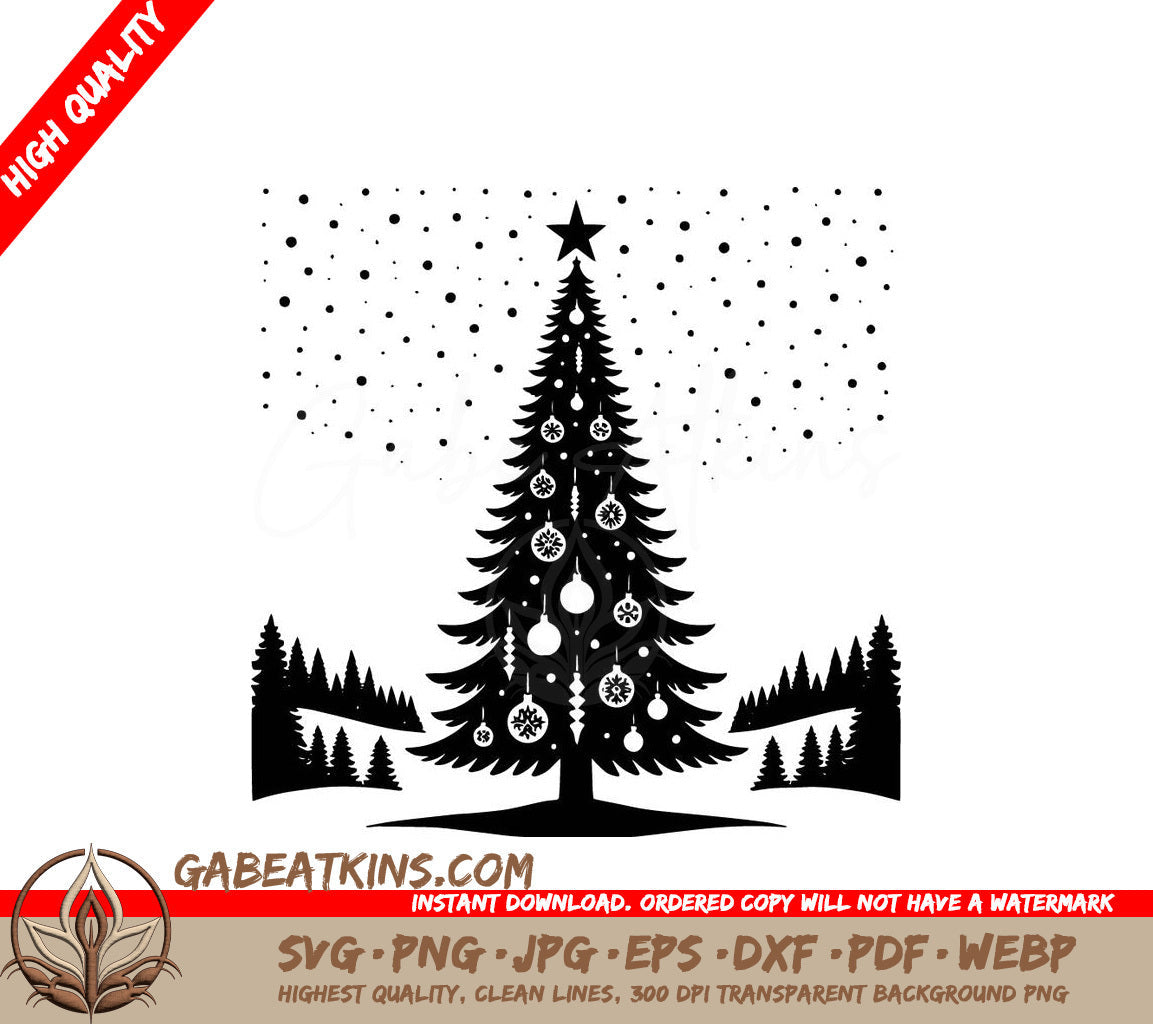 A Black And White Christmas Tree With A Star On Top SVG - Christmas Tree Meadow SVG