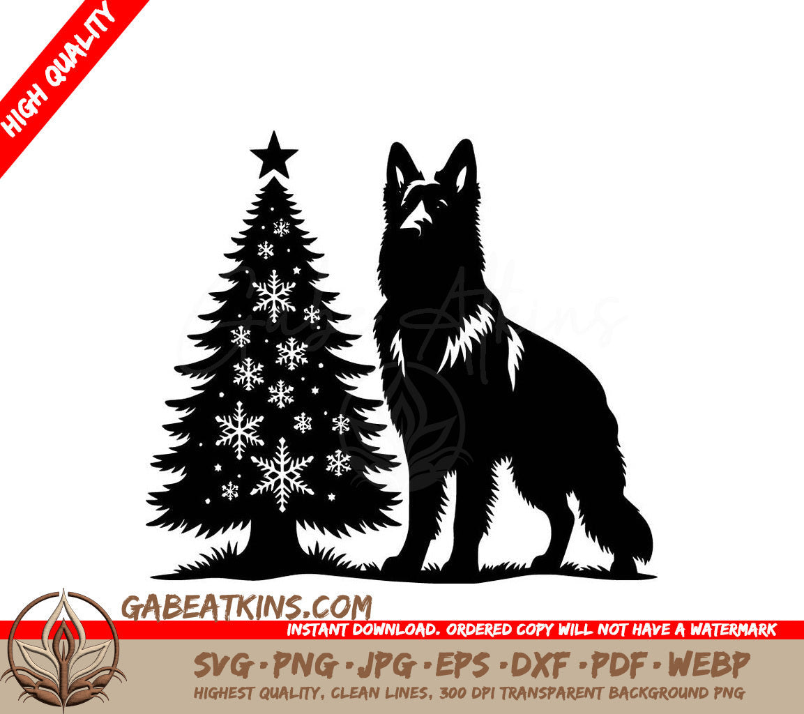 A Black And White Silhouette Of A Dog Standing Next To A Christmas Tree SVG - Christmas Tree Shepherd SVG