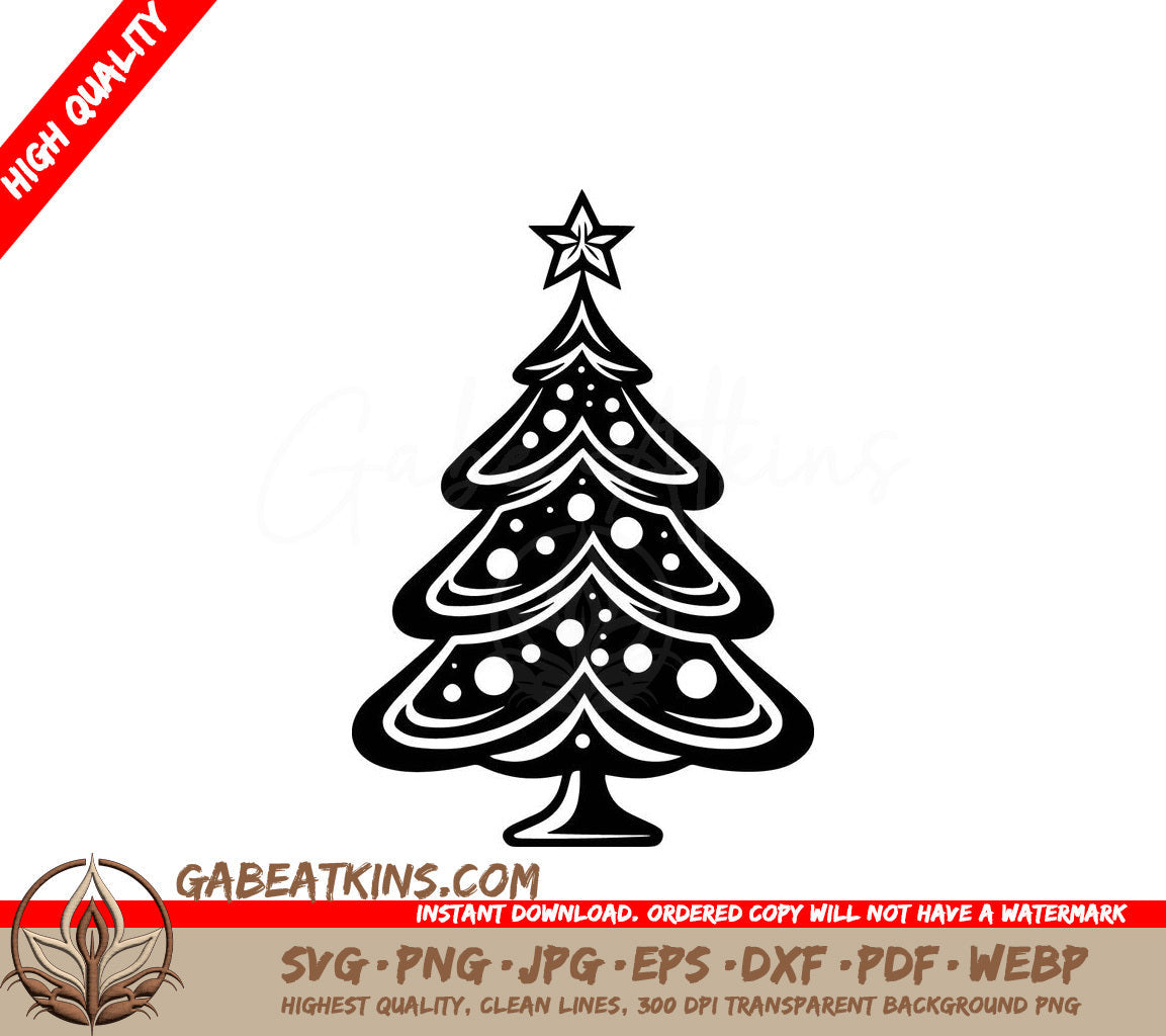 A Black And White Christmas Tree With A Star On Top SVG - Christmas Tree with Ornaments SVG