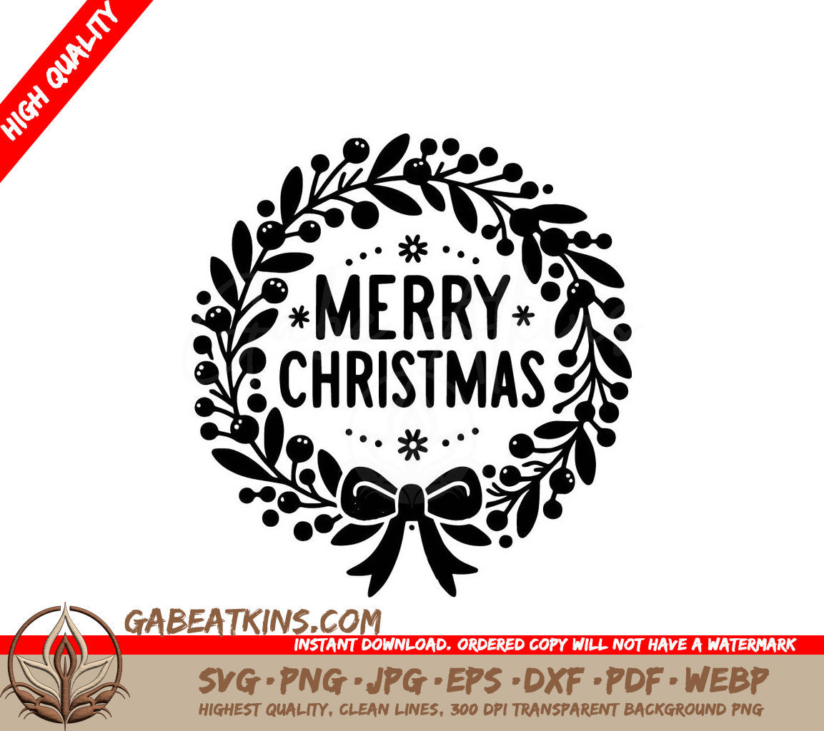 A Black And White Christmas Wreath With The Words Merry Christmas SVG - Christmas Wreath Greetings SVG