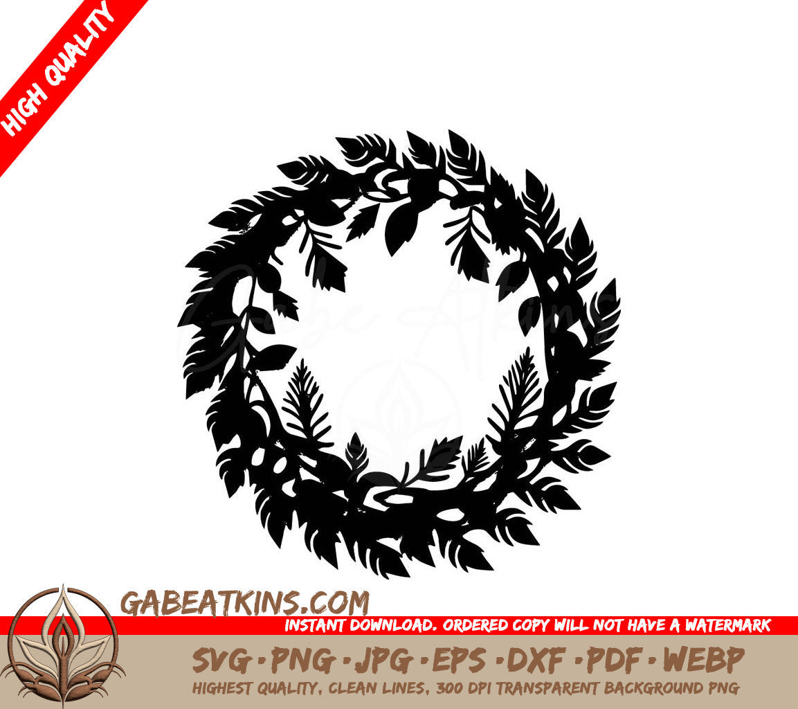 A Black And White Silhouette Of A Wreath Of Leaves SVG - Christmas Wreath SVG