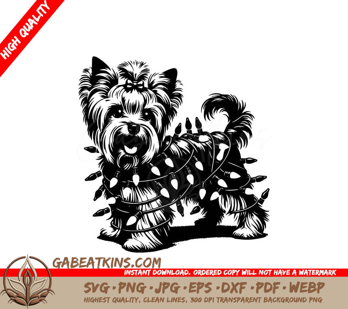  A Yorkshire Terrier Wrapped In Christmas Lights SVG - Christmas Yorkie Lights SVG