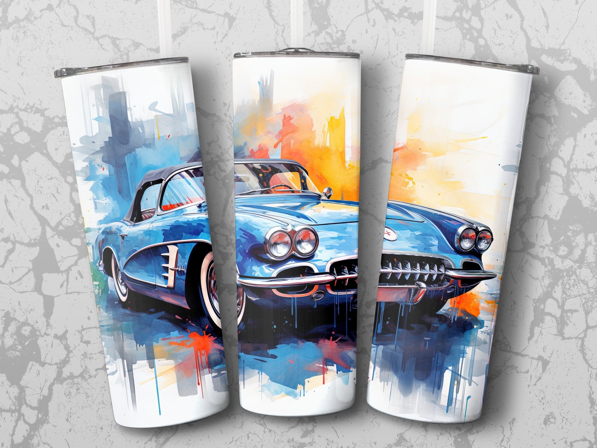 Classic Corvette Urban Watercolor Tumbler Wrap | 20oz Tumbler Wrap Sublimation Design PNG - Gabe Atkins Designs