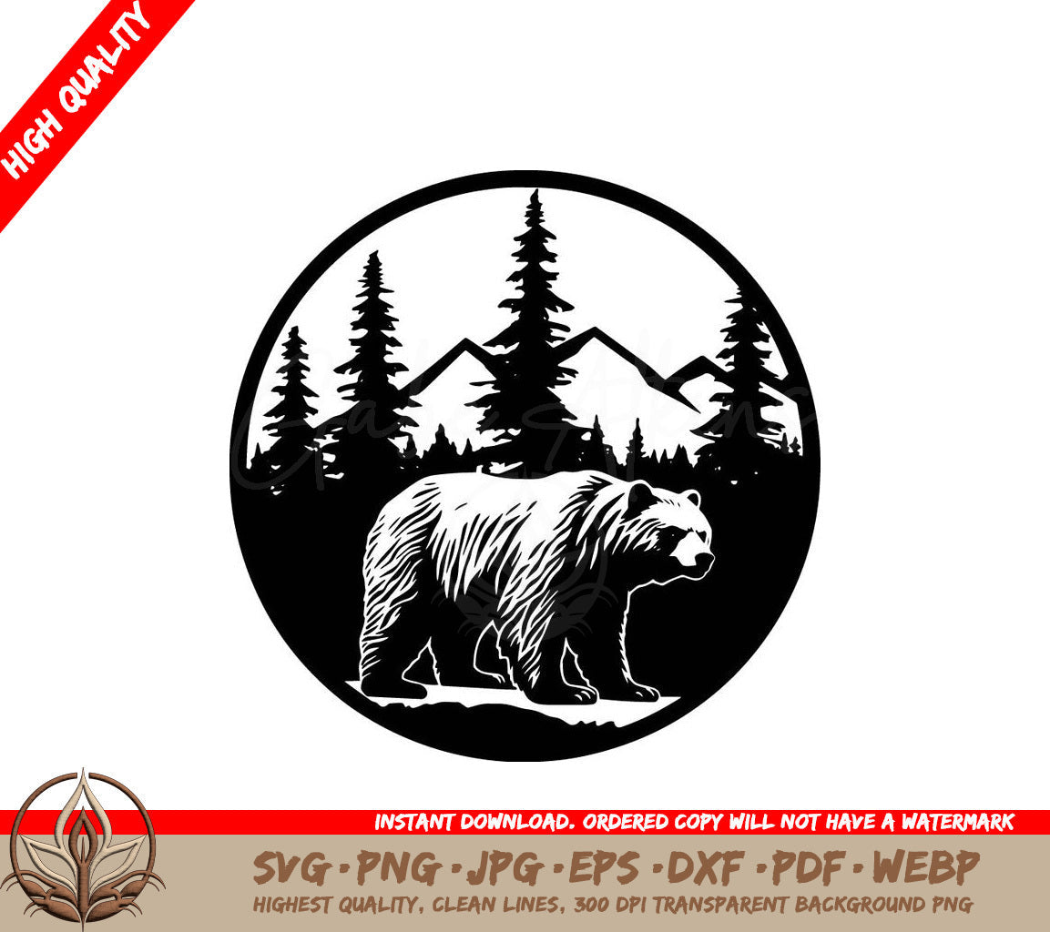 A Bear In A Circle With Trees And Mountains In The Background