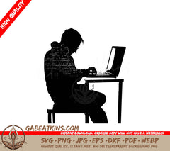 A Silhouette Of A Man Sitting At A Desk Typing On A Laptop SVG - Computer Programmer SVG