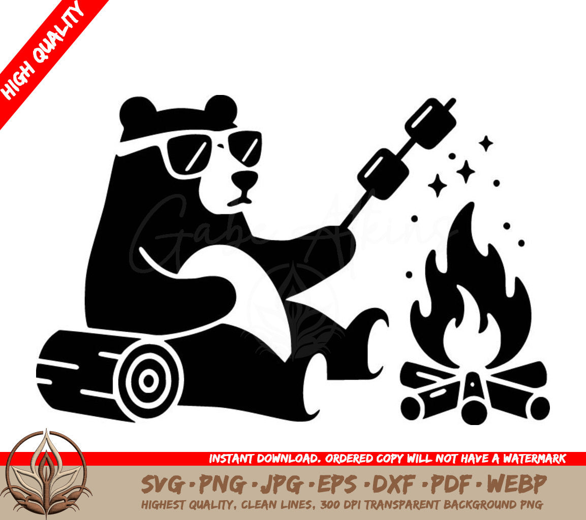 A Bear Wearing Sunglasses Is Roasting Marshmallows Over A Campfire