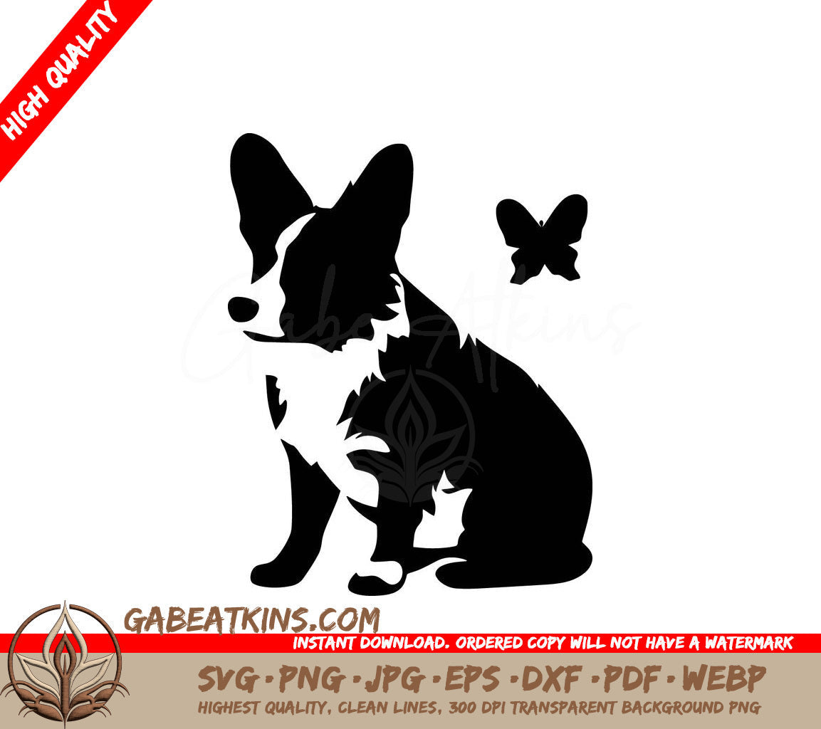 Corgi with Butterfly SVG - A Black And White Silhouette Of A Dog And A Butterfly