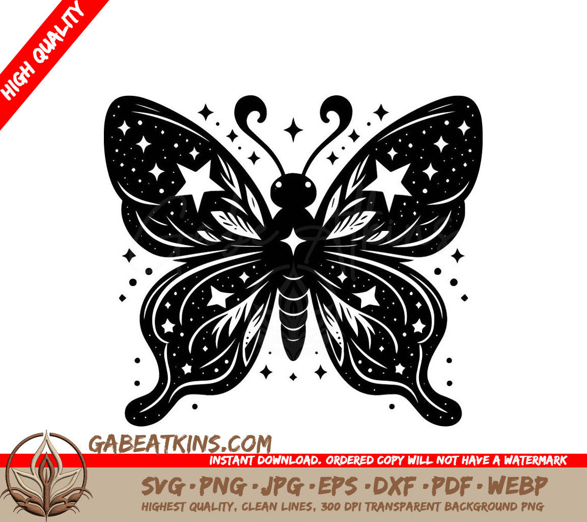 Cosmic Butterfly SVG - A Black And White Butterfly With Stars On Its Wings