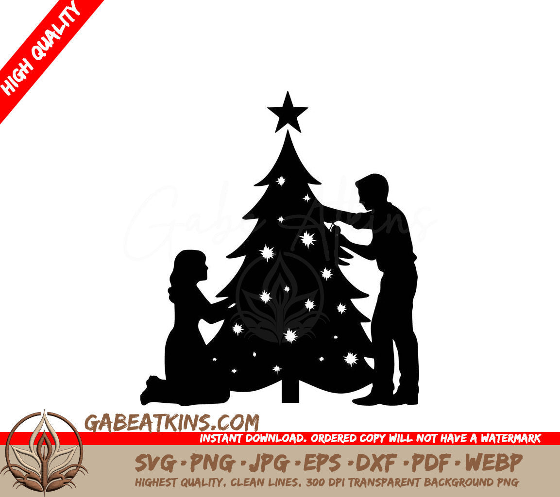 A Silhouette Of A Man And Woman Decorating A Christmas Tree SVG - Couple Decorating Christmas Tree SVG