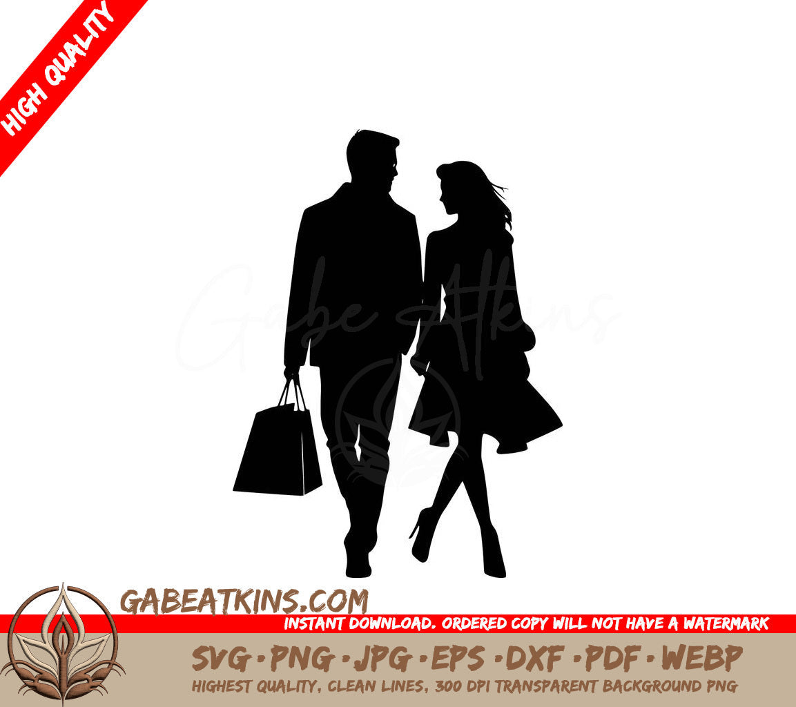 A Silhouette Of A Man And Woman Walking With Shopping Bags SVG - Couple Shopping Day SVG