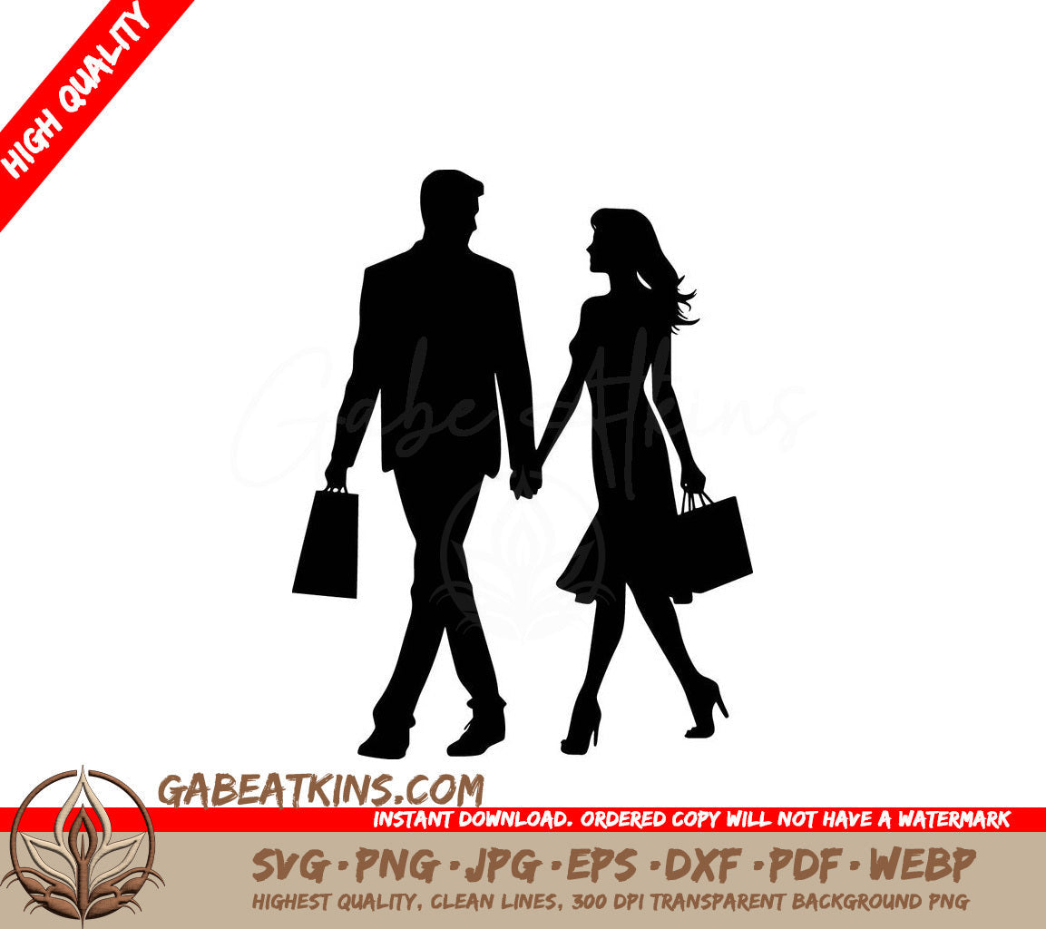 A Silhouette Of A Man And A Woman Holding Hands SVG - Couple Shopping SVG