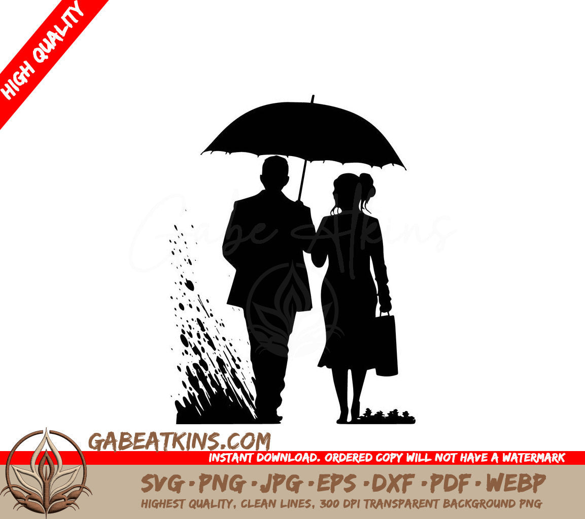 A Silhouette Of A Man Holding An Umbrella Over A Woman SVG - Couple Under Umbrella SVG