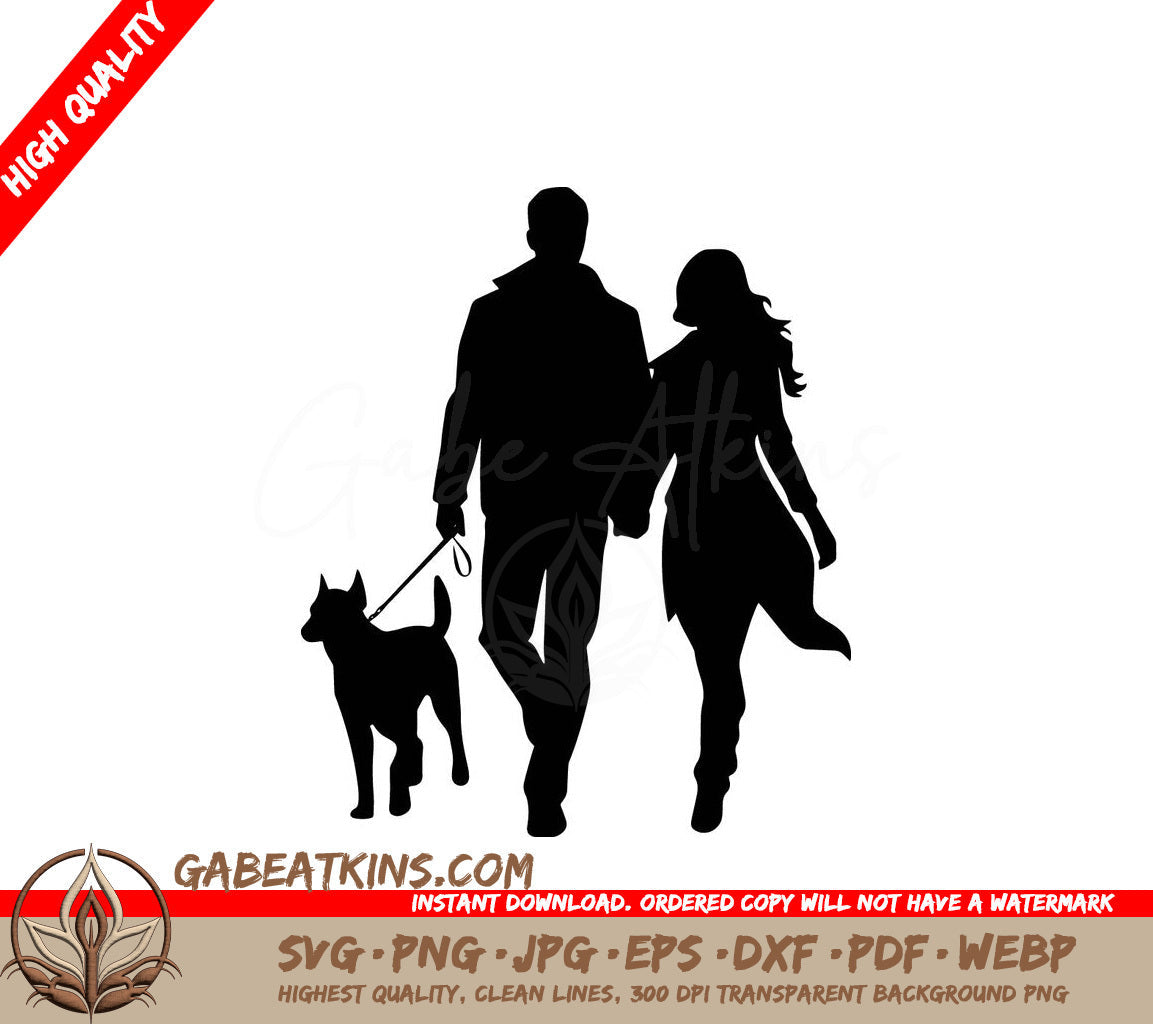 A Silhouette Of A Man And Woman Walking A Dog SVG - Couple Walking Dog SVG