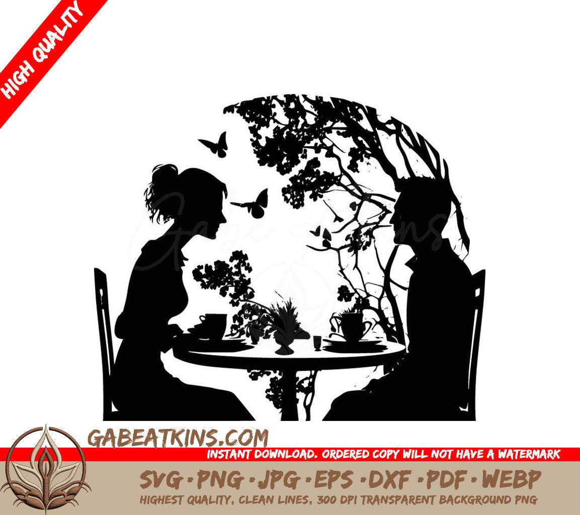 A Silhouette Of A Man And Woman Sitting At A Table SVG - Couple on a Date SVG