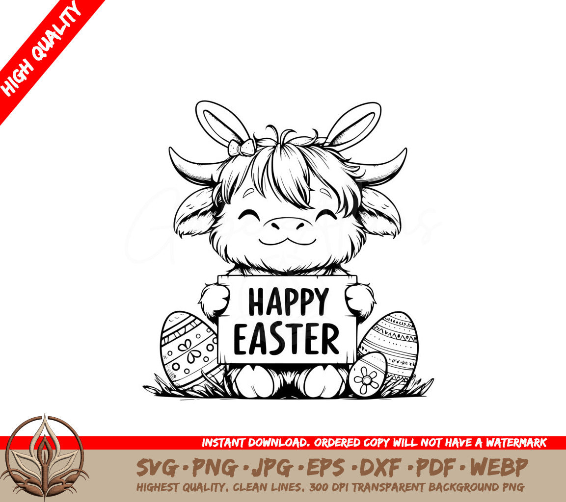 A Cow Holding A Sign That Says Happy Easter SVG - Cow in Bunny Ears SVG