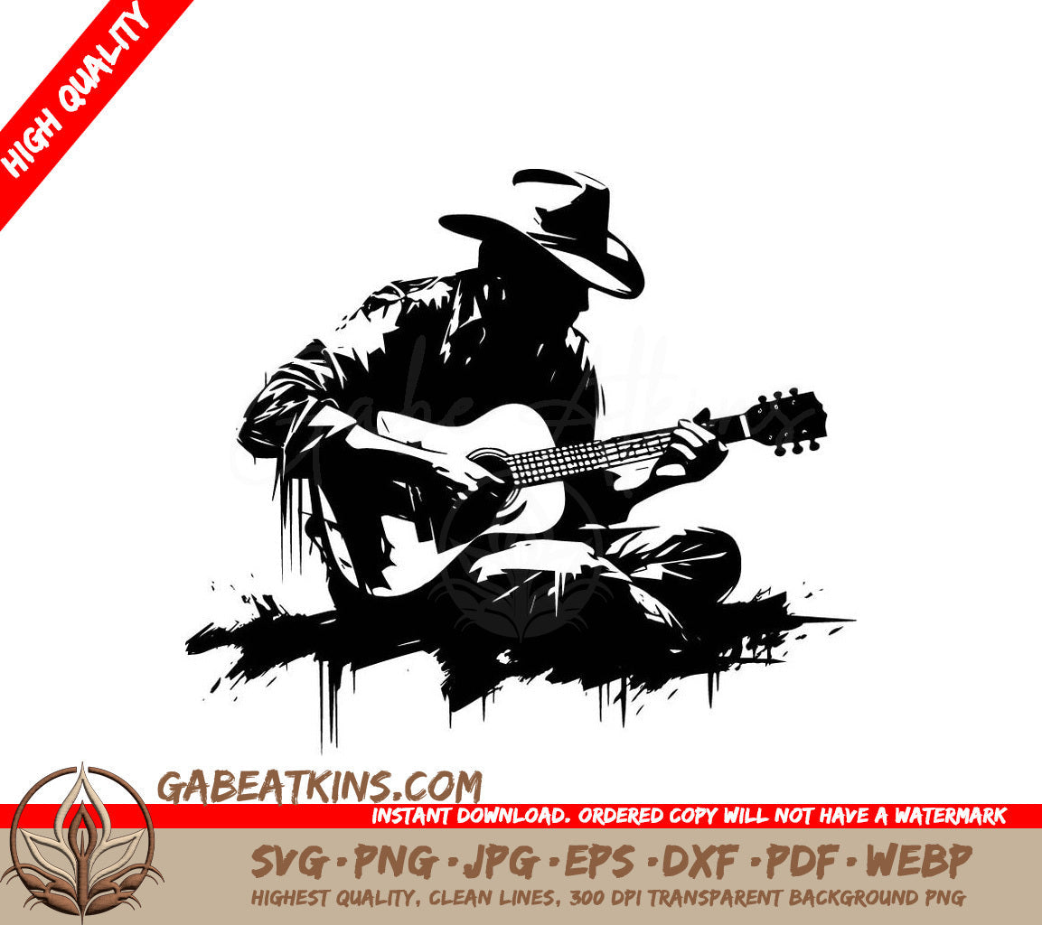 A Man In A Cowboy Hat Is Playing An Acoustic Guitar SVG - Cowboy Serenade Abstract SVG