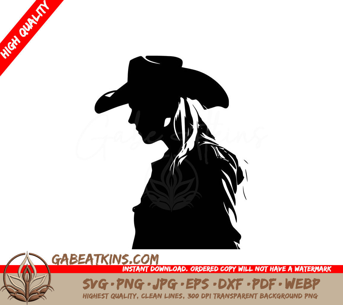 A Silhouette Of A Woman Wearing A Cowboy Hat SVG - Cowgirl Side Profile SVG