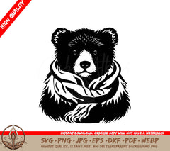 A Black And White Image Of A Bear Wearing A Scarf