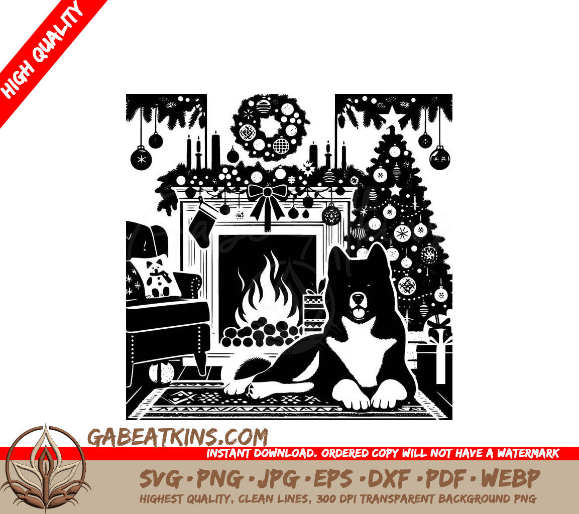 A Black And White Illustration Of A Dog Sitting In Front Of A Fireplace SVG - Cozy Christmas Akita SVG