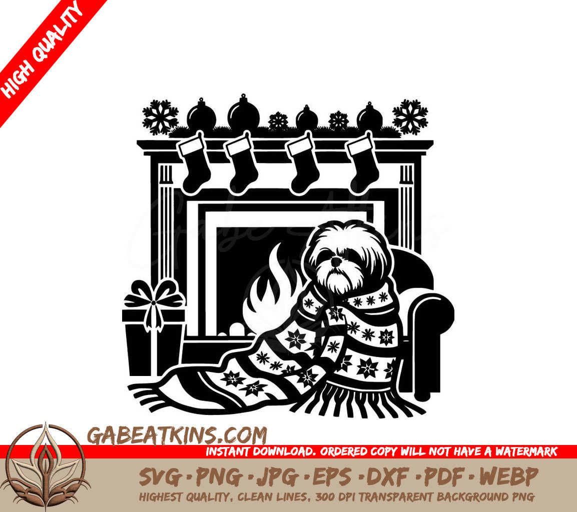  A Dog Wrapped In A Blanket In Front Of A Fireplace SVG - Cozy Christmas Pup SVG