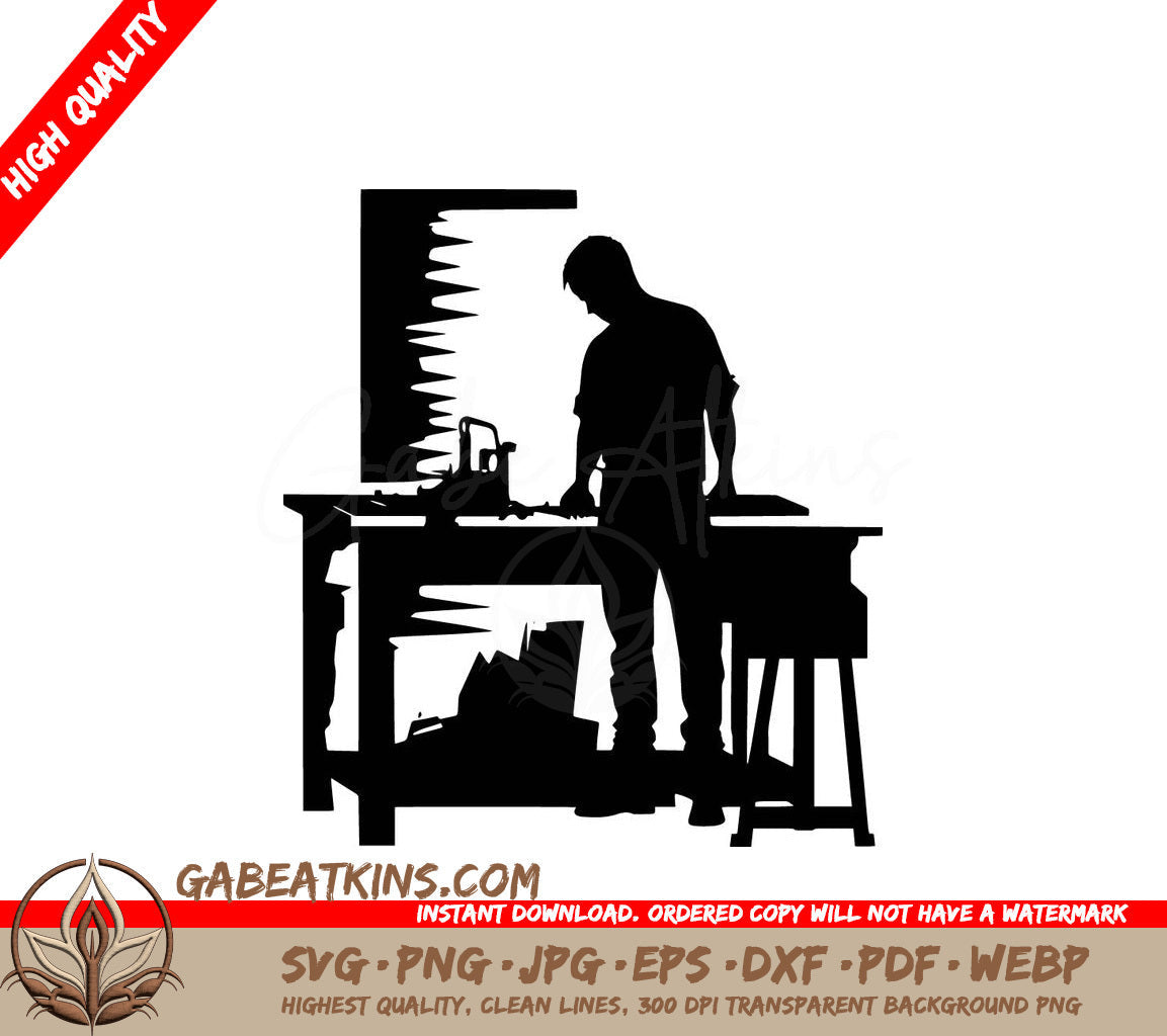 A Silhouette Of A Man Using A Saw On A Table SVG - Creative Carpenter SVG