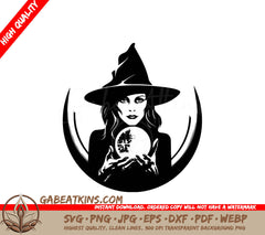 A Black And White Drawing Of A Witch Holding A Crystal Ball