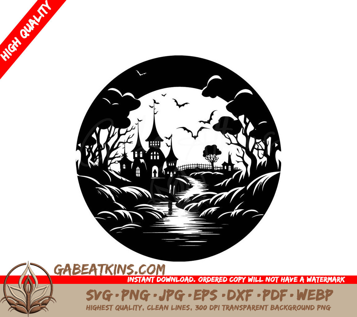 ## Halloween Castle SVG  Drawing with Bats & Trees SVG