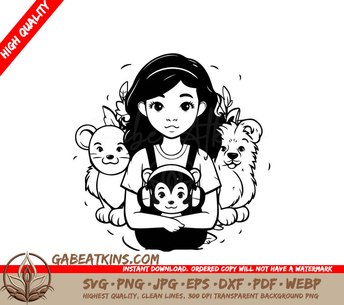 Cute Girl with Animals SVG -  Cartoon Illustration SVG