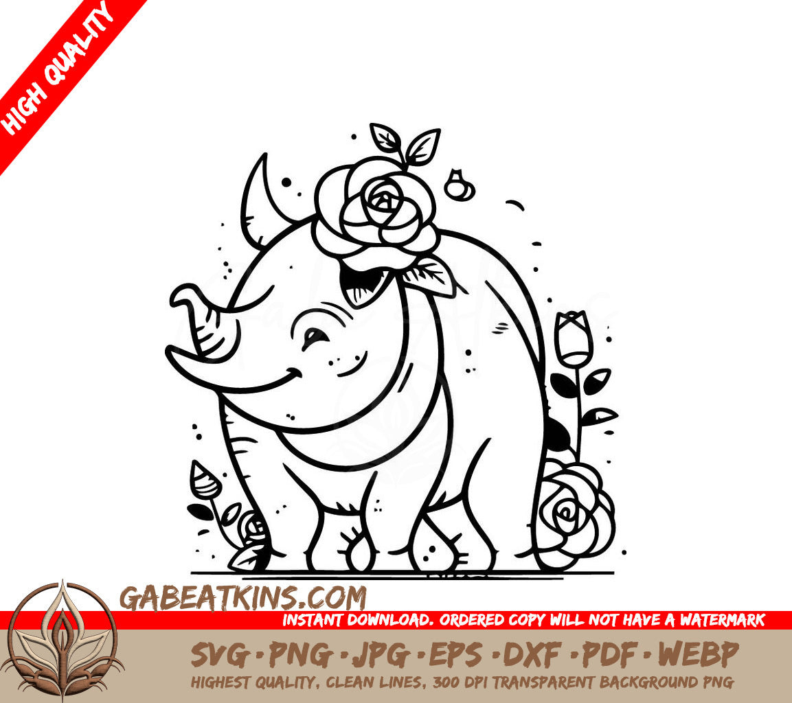 Cute Rhino with Roses SVG -  Cartoon Vector Illustration SVG