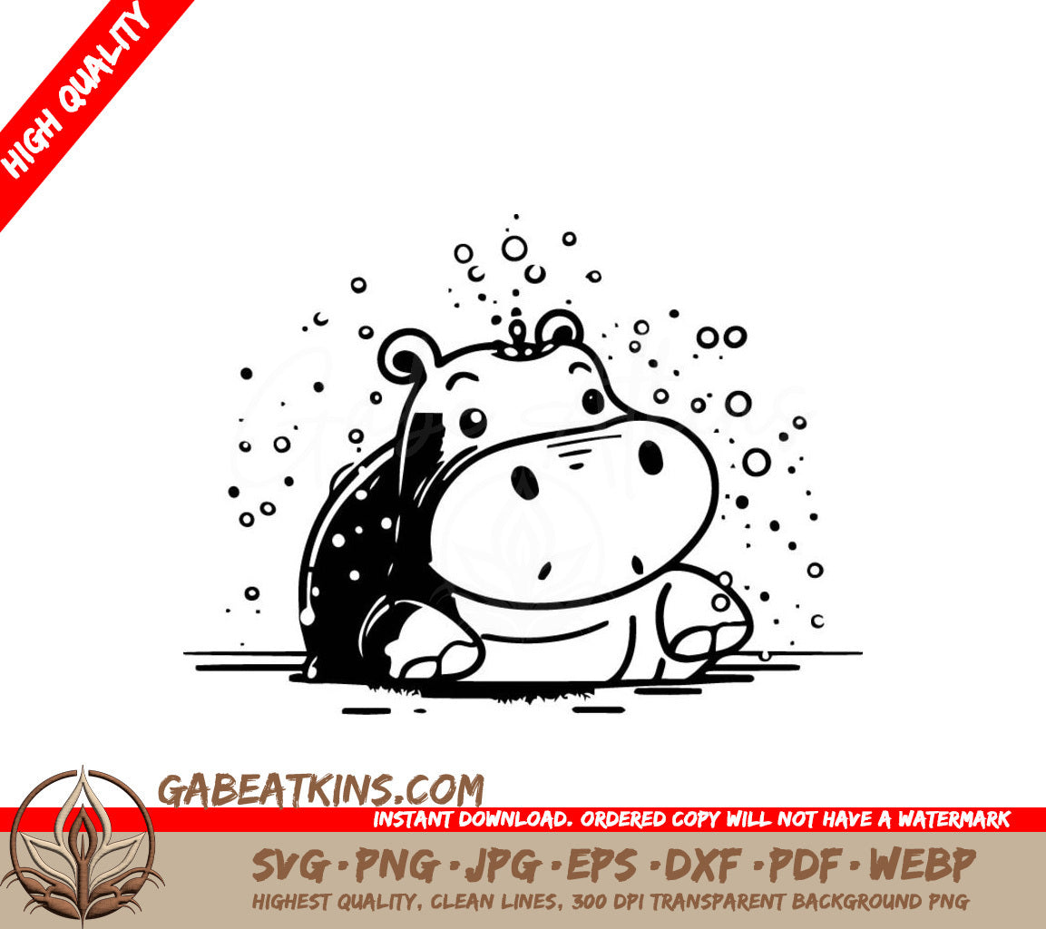 Cute Hippo Splashing in Puddle -  Doodle SVG SVG