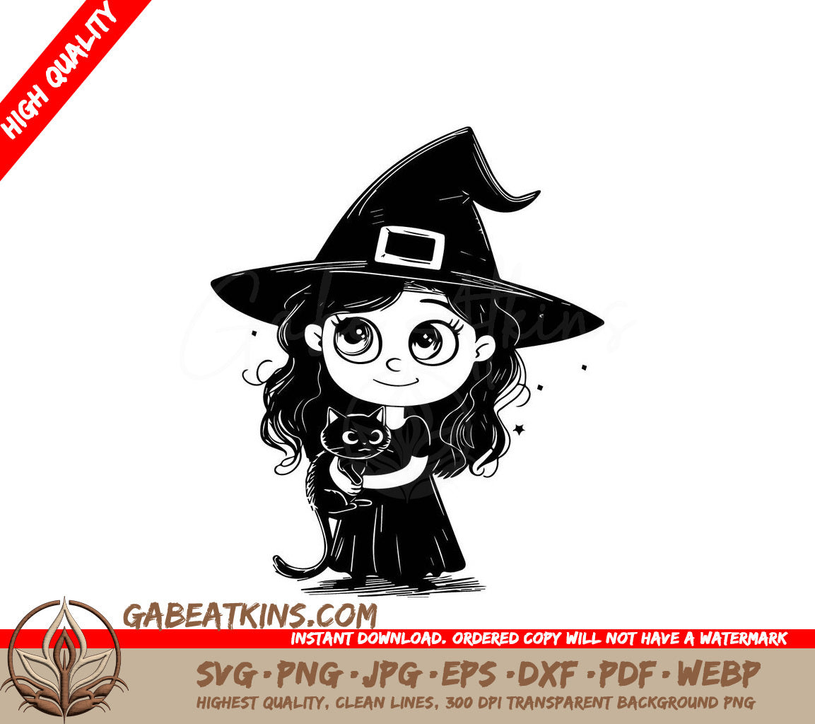 Cute Witch with Black Cat Halloween SVG -  Drawing SVG