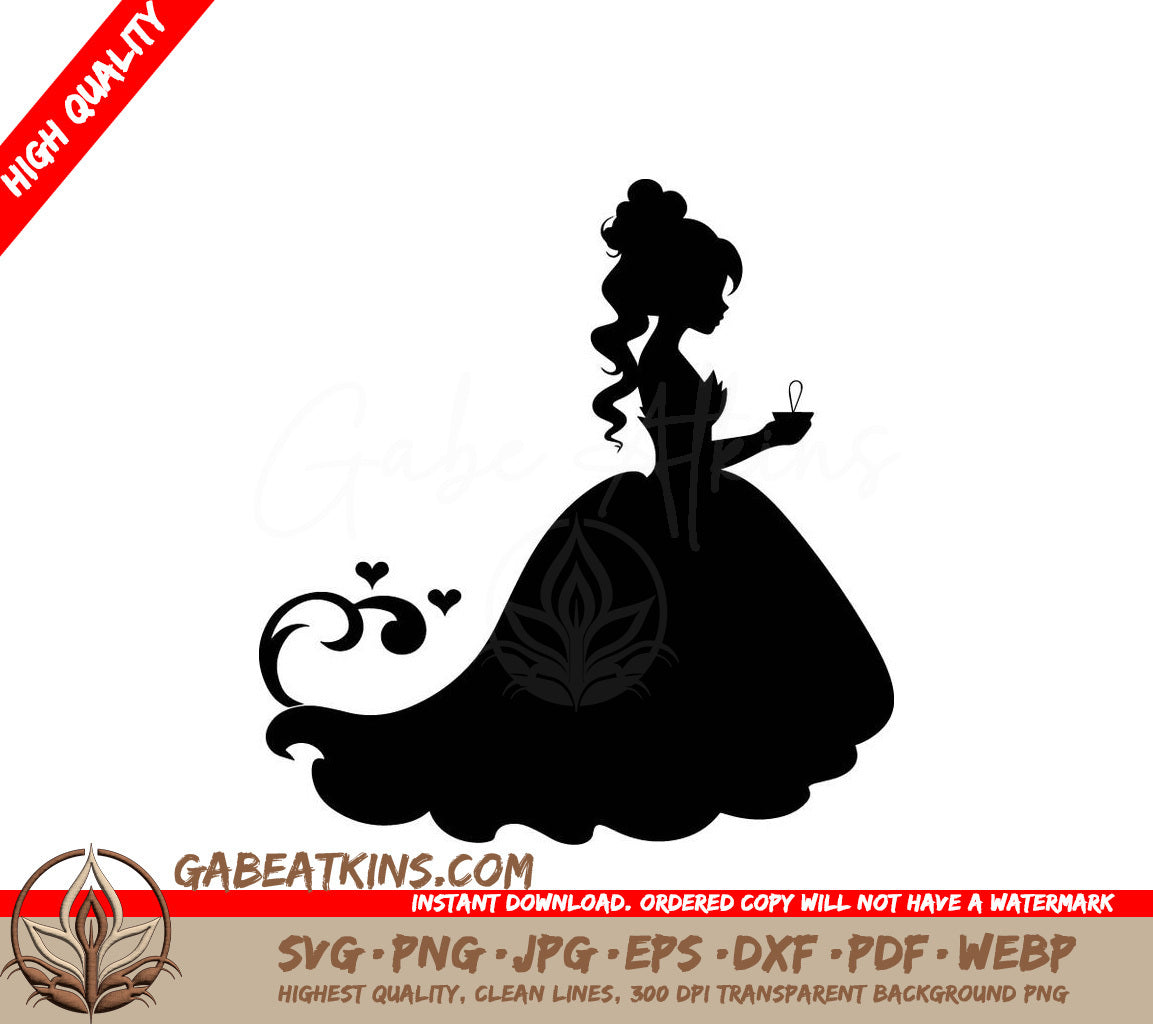 Elegant Princess Silhouette SVG - Long Dress & Cup Design SVG