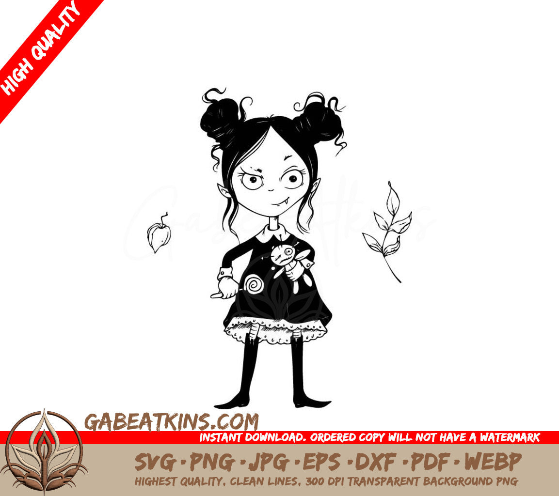 Cute Vampire Girl Halloween SVG - Black Dress, Stuffed Animal & Lollipop SVG