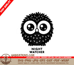 A Black And White Owl With The Words Night Watcher Below It SVG - Cute Owl Watcher SVG