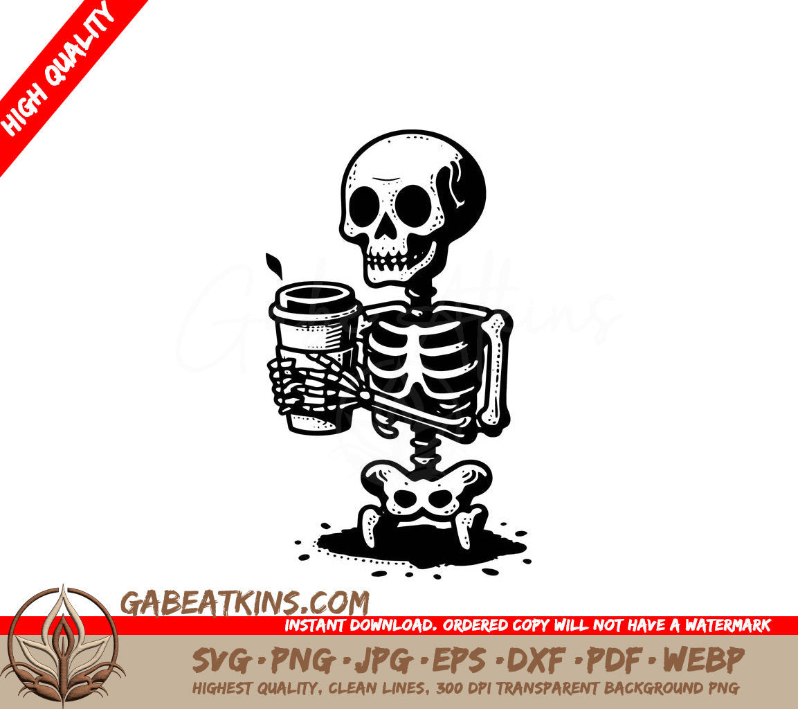 A Black And White Drawing Of A Skeleton Holding A Cup Of Coffee